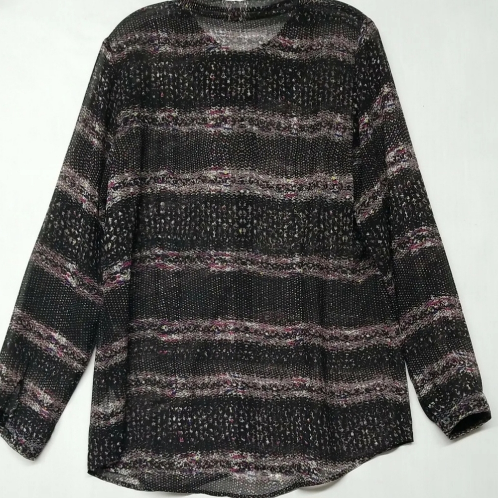 CAbi Blouse Style 3249 Long Sleeve Button Up Semi Sheer Black, Gray Print
